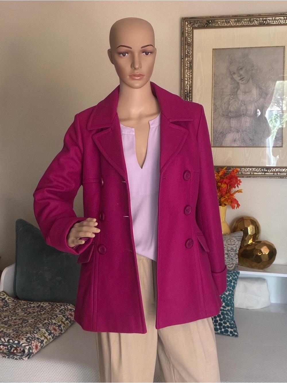 Moda International Magenta  Double-Breasted Pea Coat - Picture 7 of 9